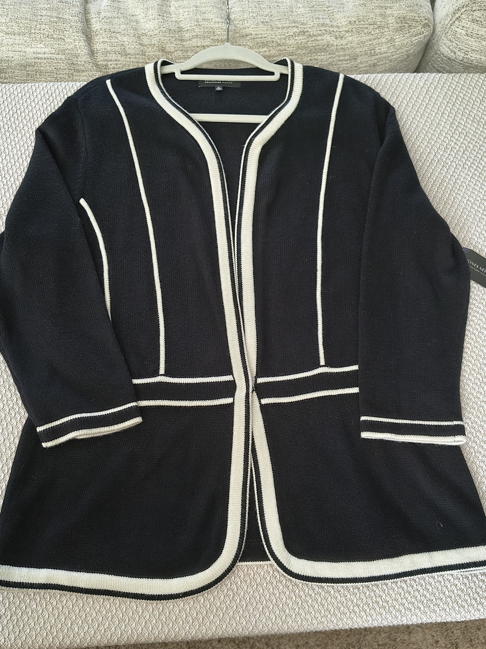 Jones New York Open Front Cardigan Black White Piping Classic Preppy Knit